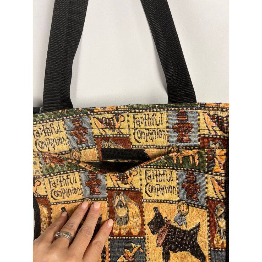 Yuhong Tapestry Tote Bag w/ Coin Purse Tan/Black Dog Print. Faithful Companion - Picture 6 of 7